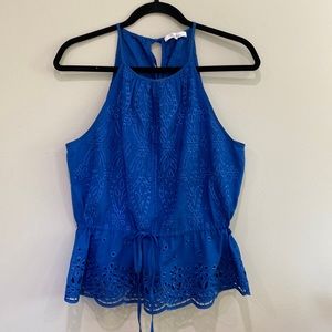 PARKER Beautiful Royal Blue Halter Sleeveless Blouse with embroidery Sz L